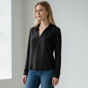 ST. John 100% Silk Long Sleeve V-Neck Top Size Large Black‎ Stretchy Collared